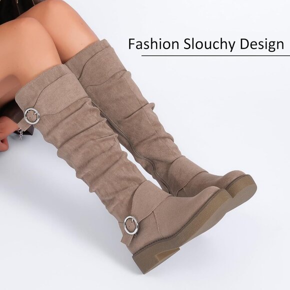 Women's Faux Leather Knee High Boots Flat Platform Casual Style Wide Calf - Picture 4 of 6